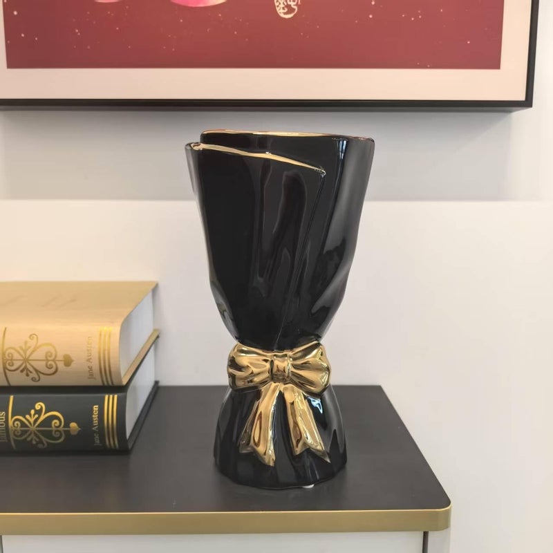 WLGRANJIA Black and Gold Bow Ceramic Vase - Flower Vases for Home Decor, Bow Decor, Boho Style, 9.65 Inch Flower Vases for Bouquet, Large Vase for Ideal Shelf Decor/Table (Black and Gold, Large) - Image 1